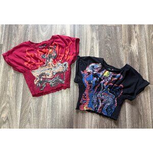 URBAN OUTFITTERS CROP TOP SMOCKED HEM DRAGON SKULL GRAPHIC SIZE L